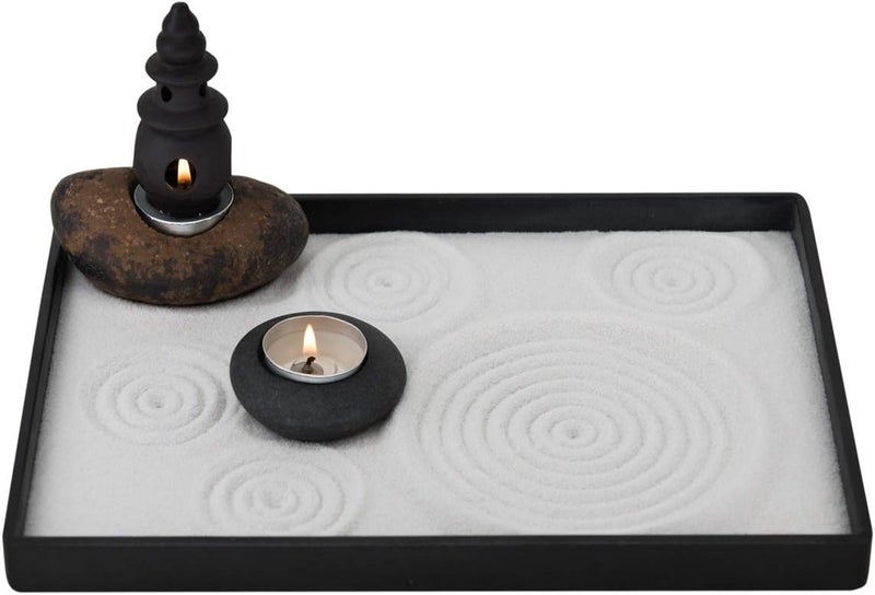 ICNBUYS Handmade Zen Garden Pebble Tealight Candle Holder Set Censer with Free Zen Garden Tools, Sand, Base Tray and Accessories - Image 1